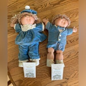 Vintage Cabbage Patch Kids Twin Dolls in Blue Velvet Outfits